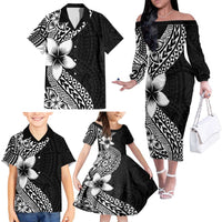 Lotu Tamaiti White Sunday Family Matching Off The Shoulder Long Sleeve Dress and Hawaiian Shirt Pacific Plumeria Flowers - Black Version LT9 - Polynesian Pride