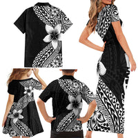 Lotu Tamaiti White Sunday Family Matching Short Sleeve Bodycon Dress and Hawaiian Shirt Pacific Plumeria Flowers - Black Version LT9 - Polynesian Pride
