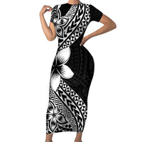 Lotu Tamaiti White Sunday Family Matching Short Sleeve Bodycon Dress and Hawaiian Shirt Pacific Plumeria Flowers - Black Version LT9 Mom's Dress Black - Polynesian Pride