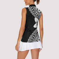 Lotu Tamaiti White Sunday Women Sleeveless Polo Shirt Pacific Plumeria Flowers - Black Version LT9 - Polynesian Pride
