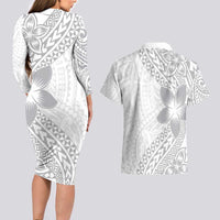 Lotu Tamaiti White Sunday Couples Matching Long Sleeve Bodycon Dress and Hawaiian Shirt Pacific Plumeria Flowers - White Version LT9 - Polynesian Pride