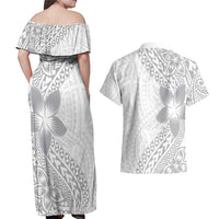 Lotu Tamaiti White Sunday Couples Matching Off Shoulder Maxi Dress and Hawaiian Shirt Pacific Plumeria Flowers - White Version LT9 - Polynesian Pride