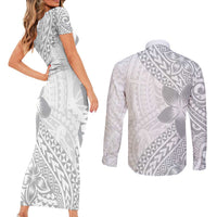 Lotu Tamaiti White Sunday Couples Matching Short Sleeve Bodycon Dress and Long Sleeve Button Shirt Pacific Plumeria Flowers - White Version LT9 - Polynesian Pride