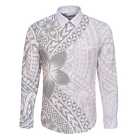 Lotu Tamaiti White Sunday Family Matching Off Shoulder Maxi Dress and Hawaiian Shirt Pacific Plumeria Flowers - White Version LT9 Dad's Shirt - Long Sleeve White - Polynesian Pride