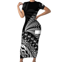 Custom Fiji New Zealand Rugby Family Matching Short Sleeve Bodycon Dress and Hawaiian Shirt Cibi Dance with Black Fern LT9 Mom's Dress Black - Polynesian Pride