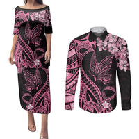 Polynesian Floral Butterfly Couples Matching Puletasi Dress and Long Sleeve Button Shirts Breast Cancer Pink Ribbon LT9 Pink - Polynesian Pride
