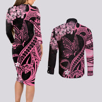 Personalised Polynesian Floral Butterfly Couples Matching Long Sleeve Bodycon Dress and Long Sleeve Button Shirts Breast Cancer Pink Ribbon LT9 - Polynesian Pride
