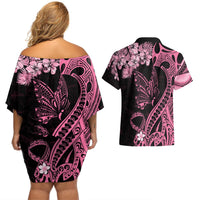 Personalised Polynesian Floral Butterfly Couples Matching Off Shoulder Short Dress and Hawaiian Shirt Breast Cancer Pink Ribbon LT9 - Polynesian Pride