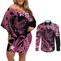 Personalised Polynesian Floral Butterfly Couples Matching Off Shoulder Short Dress and Long Sleeve Button Shirts Breast Cancer Pink Ribbon LT9 Pink - Polynesian Pride