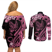 Personalised Polynesian Floral Butterfly Couples Matching Off Shoulder Short Dress and Long Sleeve Button Shirts Breast Cancer Pink Ribbon LT9 - Polynesian Pride
