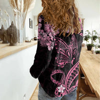 Personalised Polynesian Floral Butterfly Women Casual Shirt Breast Cancer Pink Ribbon LT9 - Polynesian Pride