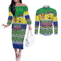 Personalised Malampa Fiji Forever Couples Matching Off The Shoulder Long Sleeve Dress and Long Sleeve Button Shirt Tagimoucia Polynesian Sand Drawing LT9 Yellow - Polynesian Pride