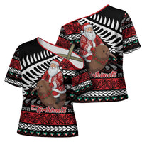 New Zealand Kiwi Santa Christmas Cross Shoulder Shirt He Wairua Kirihimete - Polynesian Pride