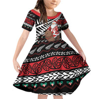 New Zealand Kiwi Santa Christmas Family Matching Off Shoulder Short Dress and Hawaiian Shirt He Wairua Kirihimete LT9 Daughter's Dress Black - Polynesian Pride