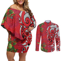Personalised New Zealand Koru Pohutukawa Couples Matching Off Shoulder Short Dress and Long Sleeve Button Shirt Meri Kirihimete Aroha for Christmas - Polynesian Pride
