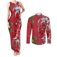 Personalised New Zealand Koru Pohutukawa Couples Matching Tank Maxi Dress and Long Sleeve Button Shirt Meri Kirihimete Aroha for Christmas - Polynesian Pride