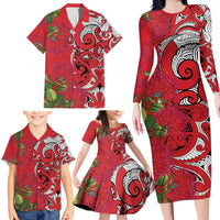 Personalised New Zealand Koru Pohutukawa Family Matching Long Sleeve Bodycon Dress and Hawaiian Shirt Meri Kirihimete Aroha for Christmas - Polynesian Pride