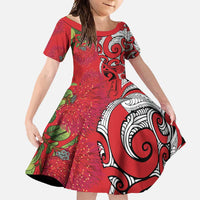 Personalised New Zealand Koru Pohutukawa Family Matching Off Shoulder Maxi Dress and Hawaiian Shirt Meri Kirihimete Aroha for Christmas LT9 Daughter's Dress Red - Polynesian Pride