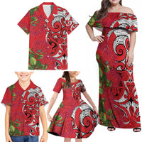 Personalised New Zealand Koru Pohutukawa Family Matching Off Shoulder Maxi Dress and Hawaiian Shirt Meri Kirihimete Aroha for Christmas LT9 - Polynesian Pride