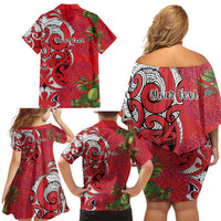 Personalised New Zealand Koru Pohutukawa Family Matching Off Shoulder Short Dress and Hawaiian Shirt Meri Kirihimete Aroha for Christmas LT9 - Polynesian Pride