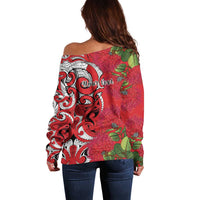 Personalised New Zealand Koru Pohutukawa Off Shoulder Sweater Meri Kirihimete Aroha for Christmas - Polynesian Pride