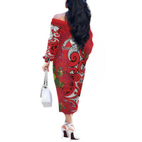 Personalised New Zealand Koru Pohutukawa Off The Shoulder Long Sleeve Dress Meri Kirihimete Aroha for Christmas LT9 - Polynesian Pride