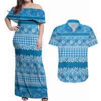 Hawaiian Hibiscus Honu Couples Matching Off Shoulder Maxi Dress and Hawaiian Shirt Blue Mele Kalikimaka Palaka Spirit LT9 Blue - Polynesian Pride