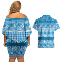 Hawaiian Hibiscus Honu Couples Matching Off Shoulder Short Dress and Hawaiian Shirt Blue Mele Kalikimaka Palaka Spirit LT9 - Polynesian Pride