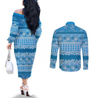 Hawaiian Hibiscus Honu Couples Matching Off The Shoulder Long Sleeve Dress and Long Sleeve Button Shirt Blue Mele Kalikimaka Palaka Spirit LT9 - Polynesian Pride