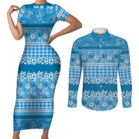Hawaiian Hibiscus Honu Couples Matching Short Sleeve Bodycon Dress and Long Sleeve Button Shirt Blue Mele Kalikimaka Palaka Spirit LT9 Blue - Polynesian Pride