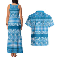 Hawaiian Hibiscus Honu Couples Matching Tank Maxi Dress and Hawaiian Shirt Blue Mele Kalikimaka Palaka Spirit LT9 - Polynesian Pride