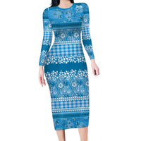 Hawaiian Hibiscus Honu Family Matching Long Sleeve Bodycon Dress and Hawaiian Shirt Blue Mele Kalikimaka Palaka Spirit LT9 Blue - Polynesian Pride