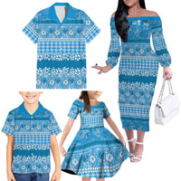 Hawaiian Hibiscus Honu Family Matching Off The Shoulder Long Sleeve Dress and Hawaiian Shirt Blue Mele Kalikimaka Palaka Spirit LT9 - Polynesian Pride