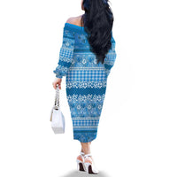 Hawaiian Hibiscus Honu Family Matching Off The Shoulder Long Sleeve Dress and Hawaiian Shirt Blue Mele Kalikimaka Palaka Spirit LT9 - Polynesian Pride
