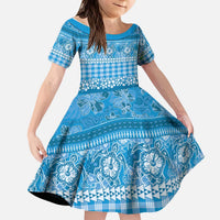 Hawaiian Hibiscus Honu Kid Short Sleeve Dress Blue Mele Kalikimaka Palaka Spirit - Polynesian Pride