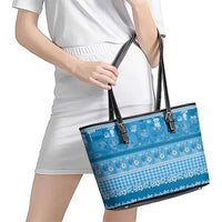 Hawaiian Hibiscus Honu Leather Tote Bag Blue Mele Kalikimaka Palaka Spirit - Polynesian Pride