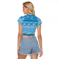 Hawaiian Hibiscus Honu Raglan Cropped T Shirt Blue Mele Kalikimaka Palaka Spirit - Polynesian Pride