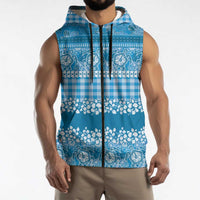 Hawaiian Hibiscus Honu Sleeveless Zip Hoodie Blue Mele Kalikimaka Palaka Spirit - Polynesian Pride