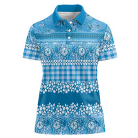 Hawaiian Hibiscus Honu Women Polo Shirt Blue Mele Kalikimaka Palaka Spirit - Polynesian Pride