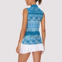Hawaiian Hibiscus Honu Women Sleeveless Polo Shirt Blue Mele Kalikimaka Palaka Spirit LT9 - Polynesian Pride