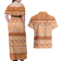 Hawaiian Hibiscus Honu Couples Matching Off Shoulder Maxi Dress and Hawaiian Shirt Gold Mele Kalikimaka Palaka Spirit LT9 - Polynesian Pride