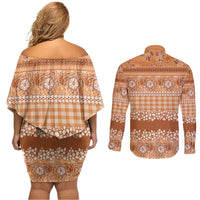 Hawaiian Hibiscus Honu Couples Matching Off Shoulder Short Dress and Long Sleeve Button Shirt Gold Mele Kalikimaka Palaka Spirit LT9 - Polynesian Pride