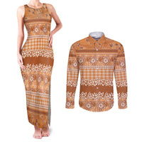 Hawaiian Hibiscus Honu Couples Matching Tank Maxi Dress and Long Sleeve Button Shirt Gold Mele Kalikimaka Palaka Spirit LT9 Gold - Polynesian Pride