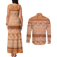 Hawaiian Hibiscus Honu Couples Matching Tank Maxi Dress and Long Sleeve Button Shirt Gold Mele Kalikimaka Palaka Spirit LT9 - Polynesian Pride