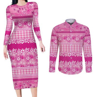 Hawaiian Hibiscus Honu Couples Matching Long Sleeve Bodycon Dress and Long Sleeve Button Shirt Pink Mele Kalikimaka Palaka Spirit LT9 Pink - Polynesian Pride