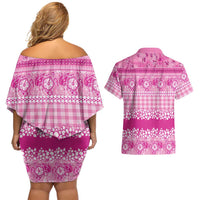 Hawaiian Hibiscus Honu Couples Matching Off Shoulder Short Dress and Hawaiian Shirt Pink Mele Kalikimaka Palaka Spirit LT9 - Polynesian Pride