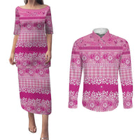 Hawaiian Hibiscus Honu Couples Matching Puletasi and Long Sleeve Button Shirt Pink Mele Kalikimaka Palaka Spirit - Polynesian Pride