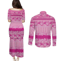 Hawaiian Hibiscus Honu Couples Matching Puletasi and Long Sleeve Button Shirt Pink Mele Kalikimaka Palaka Spirit - Polynesian Pride