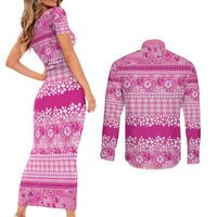 Hawaiian Hibiscus Honu Couples Matching Short Sleeve Bodycon Dress and Long Sleeve Button Shirt Pink Mele Kalikimaka Palaka Spirit LT9 - Polynesian Pride