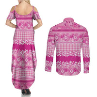 Hawaiian Hibiscus Honu Couples Matching Summer Maxi Dress and Long Sleeve Button Shirt Pink Mele Kalikimaka Palaka Spirit LT9 - Polynesian Pride
